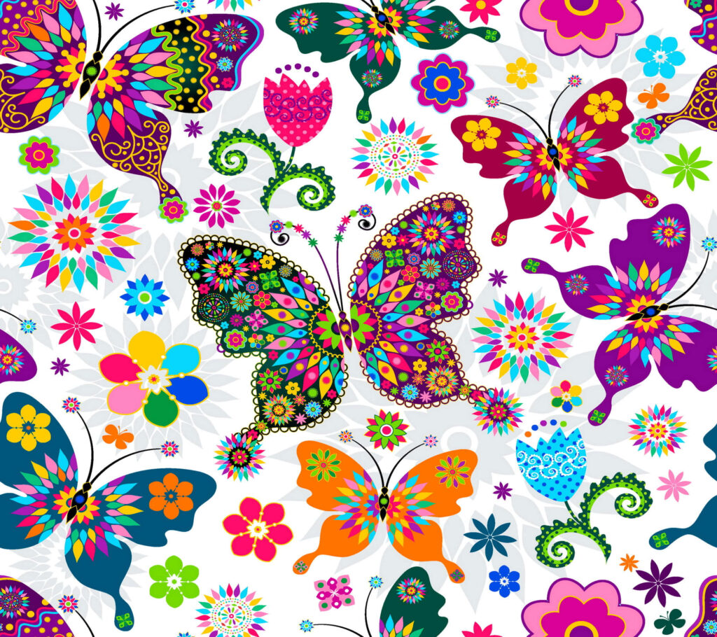 Vibrant Butterfly and Flower Wallpaper Background on White
