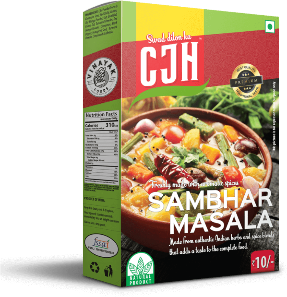 Vibrant CJH Sambar Masala Packaging Design - Aromatic Indian Spices Wallpaper