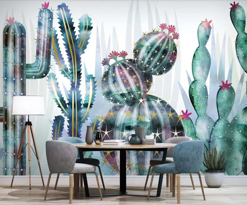 Vibrant cactus wallpaper with delicate pink flowers creating refreshing dining room decor background