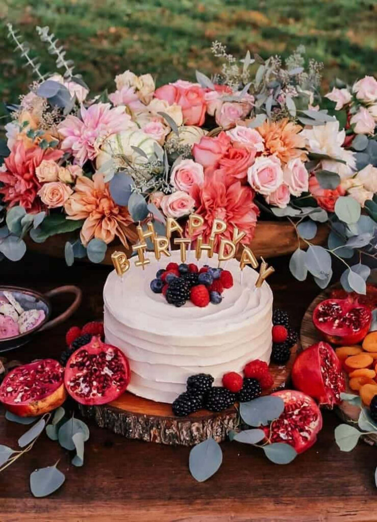 Elegant Birthday Cake with Fresh Berries & Floral Backdrop Wallpaper
