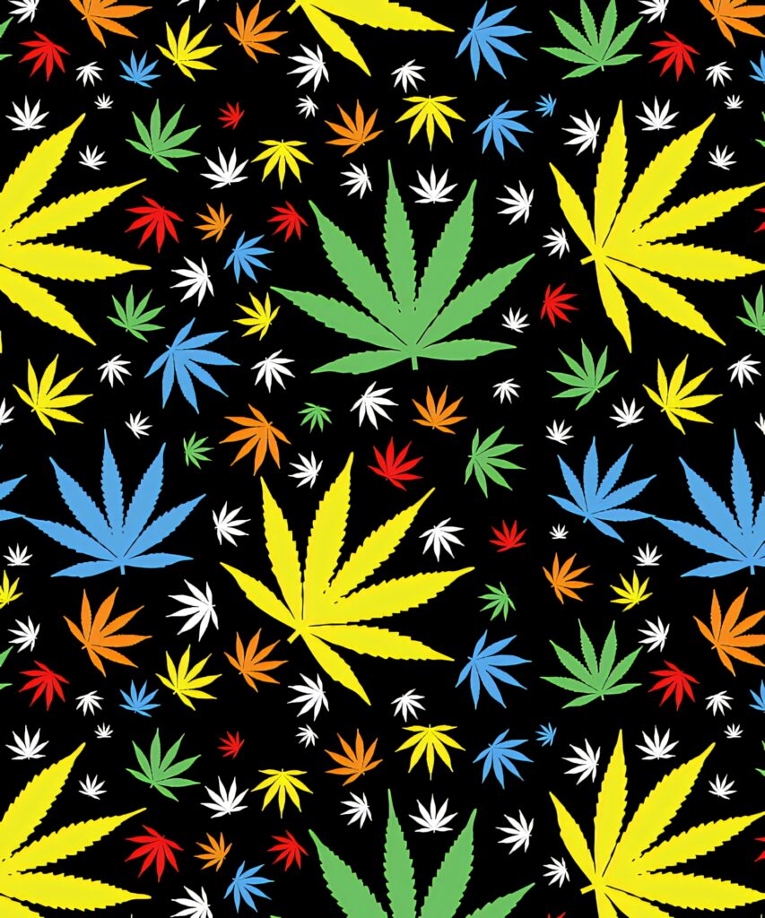 Vibrant Multicolored Cannabis Leaves Wallpaper on Sleek Black Background