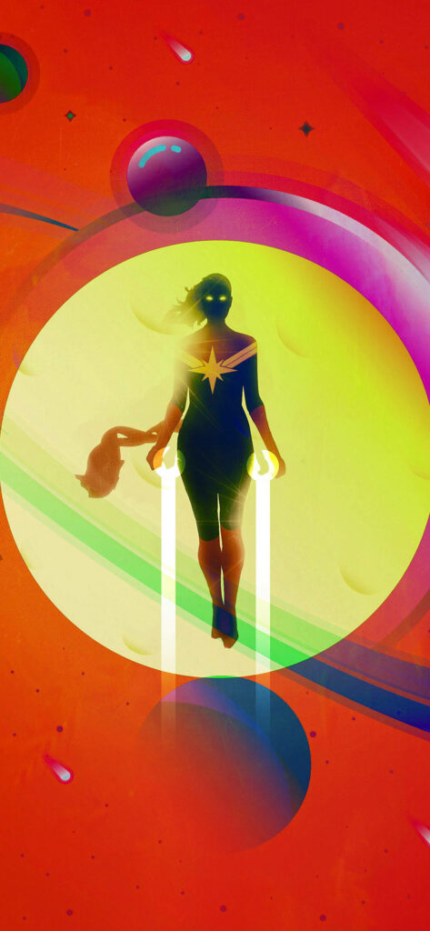 Vibrant Silhouette: Captain Marvel Shines on Bold Yellow Circle Amidst a Kaleidoscope of Colors Wallpaper