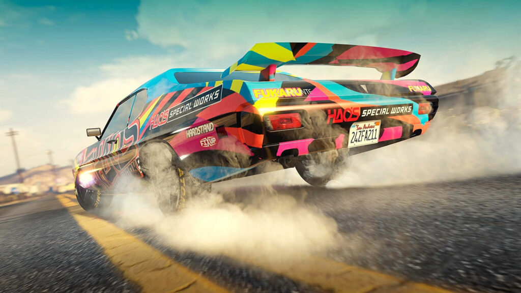 Vibrant colorful drift car producing dramatic tire smoke speeding on urban street wallpaper background