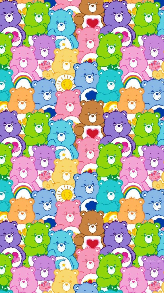 Care Bears wallpaper vibrant seamless pattern with Tenderheart Funshine and Grumpy Bear retro Kidcore