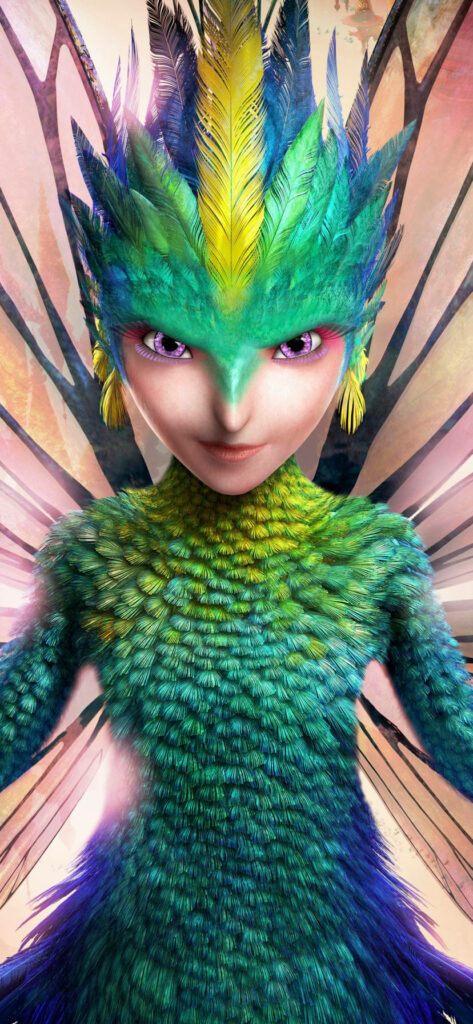 Vibrant cartoon bird character with blue feathers and colorful plumage in fantasy wallpaper background