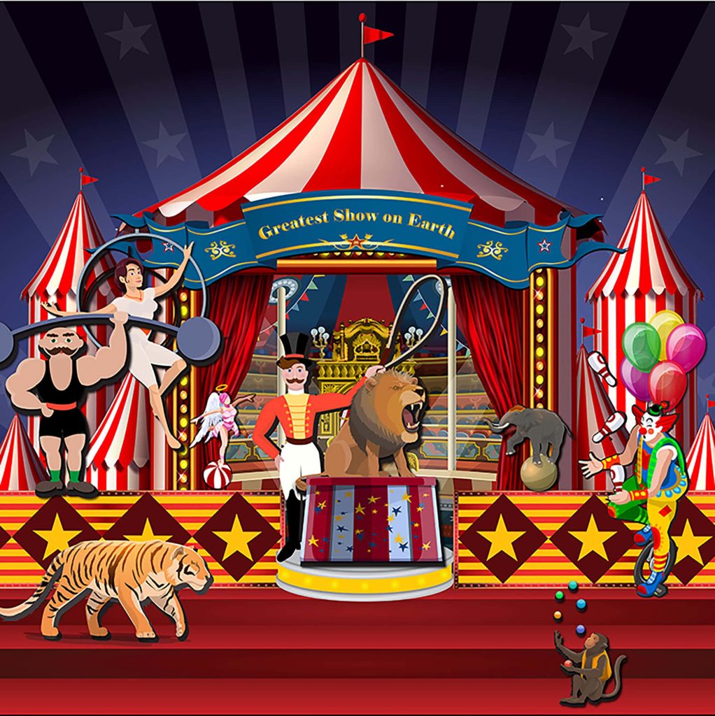 Colorful cartoon circus wallpaper with ringmaster lion acrobat clown tiger elephant festive scene