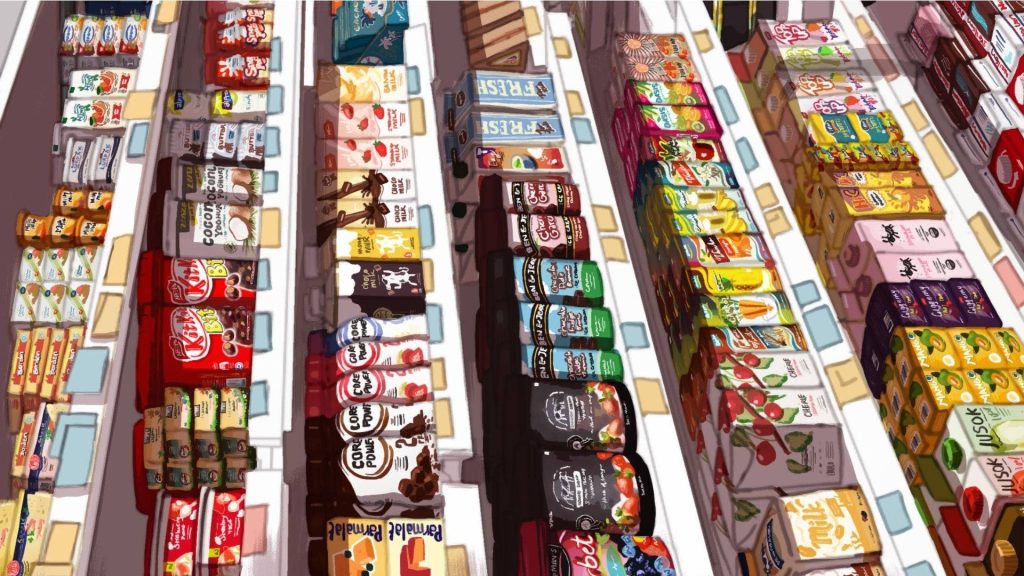 Colorful cartoon grocery store shelves with KitKat and Ben Jerry’s in a vibrant wallpaper background