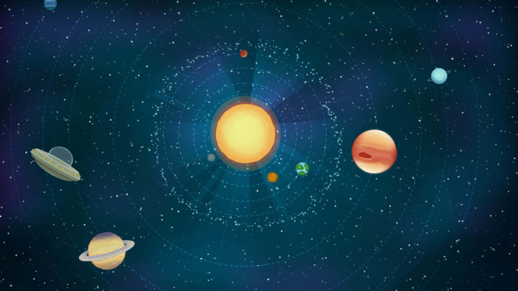 Vibrant Cartoon Solar System Wallpaper: Playful Planets & Starry Design