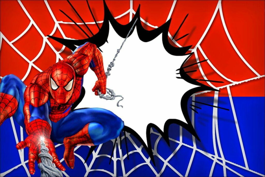 Cartoon Spiderman swinging on web with red blue background and blank space for text. Wallpaper