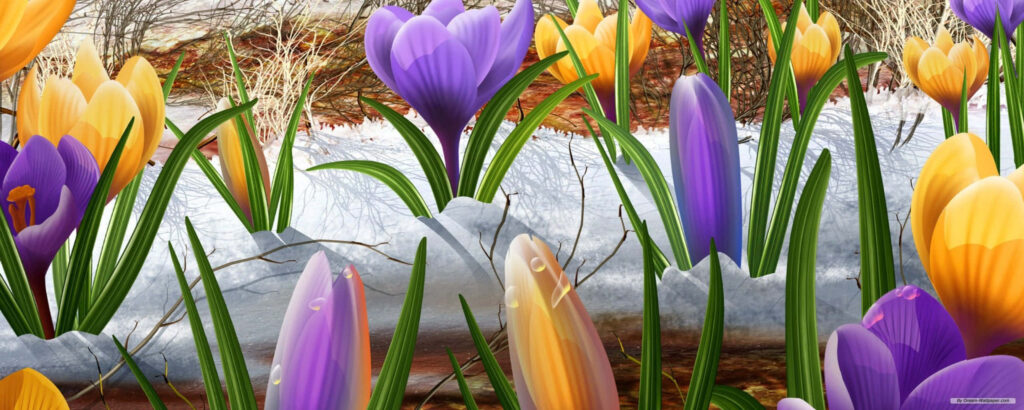 Colorful Cartoon Spring Flowers Wallpaper for Dual-Screen Background