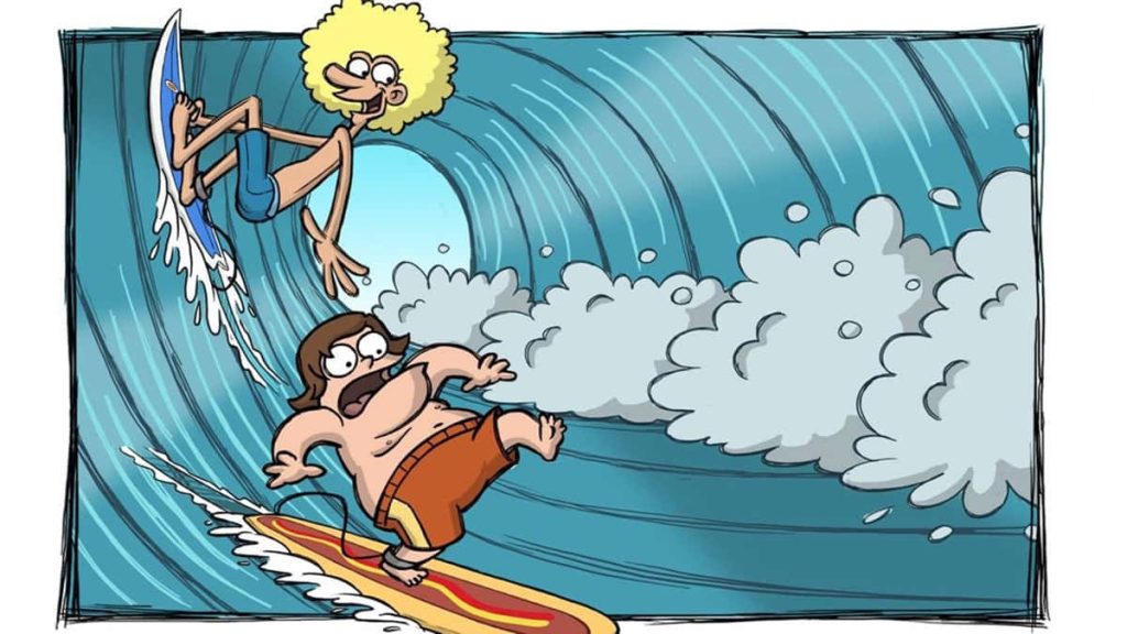 Mondo and Woodie cartoon surfing giant blue wave vibrant retro surf wallpaper background