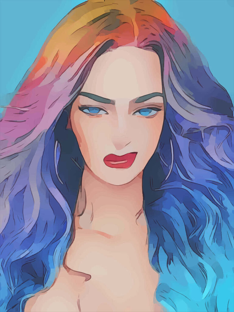 Vibrant Cartoon Wallpaper: Colorful Woman with Flowing Multicolored Hair