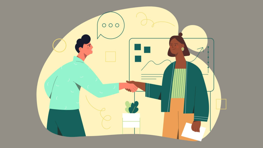 Vibrant Cartoon Wallpaper of Diverse Professionals Shaking Hands