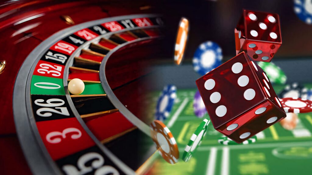 Close-up of spinning roulette wheel red dice and poker chips on green felt vibrant casino wallpaper