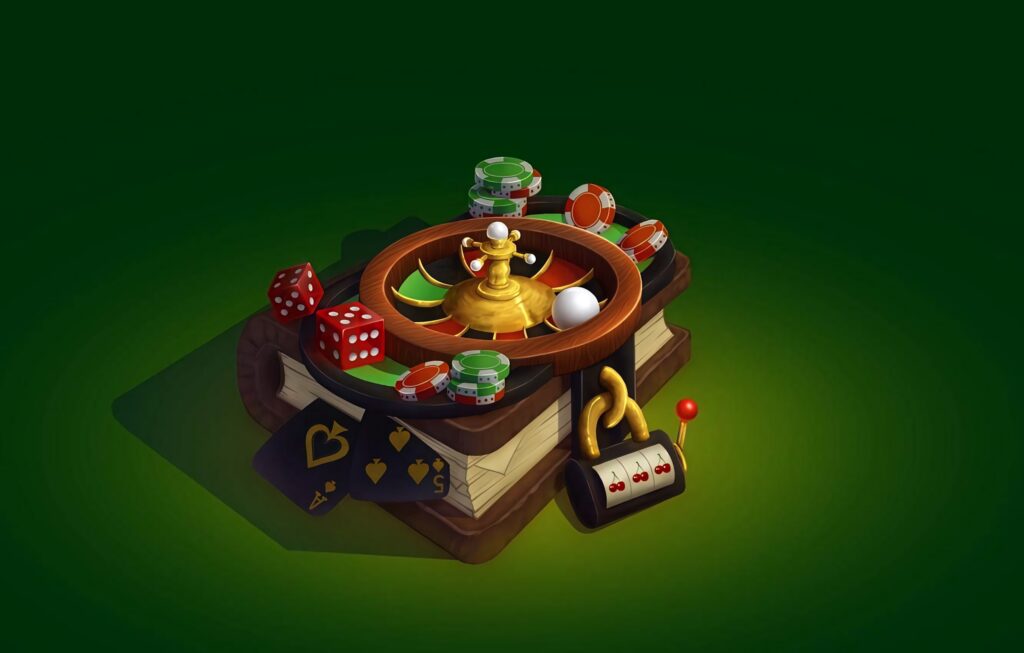 Casino-themed wallpaper with roulette wheel dice poker chips cards and slot lever on green background
