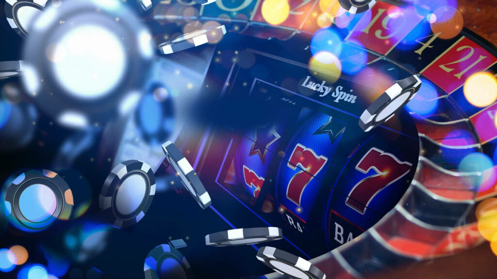 Vibrant casino wallpaper with spinning poker chips glowing roulette wheel and classic 777 slots