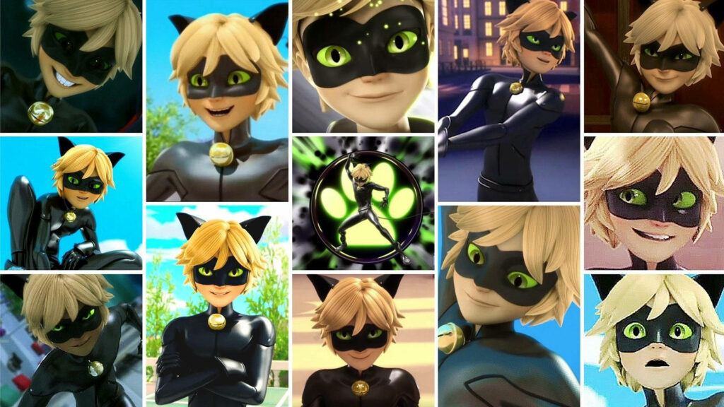 Cat Noir collage wallpaper with dynamic poses black cat suit green eyes vibrant animated style