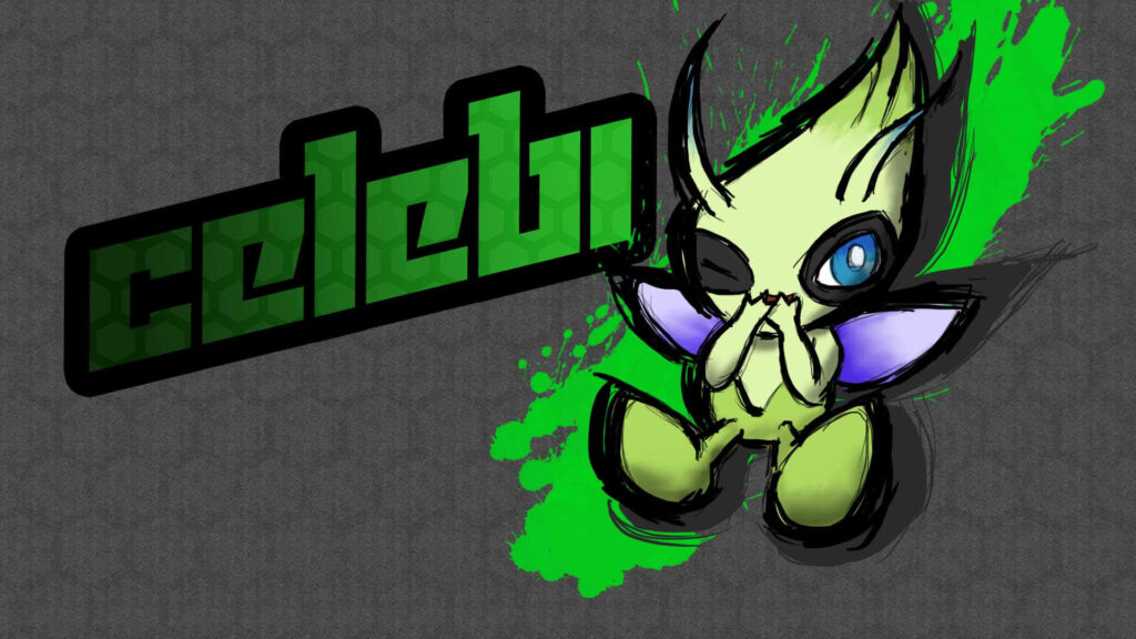 Stylized Celebi artwork with vibrant green purple colors and pixel font on textured gray background Wallpaper
