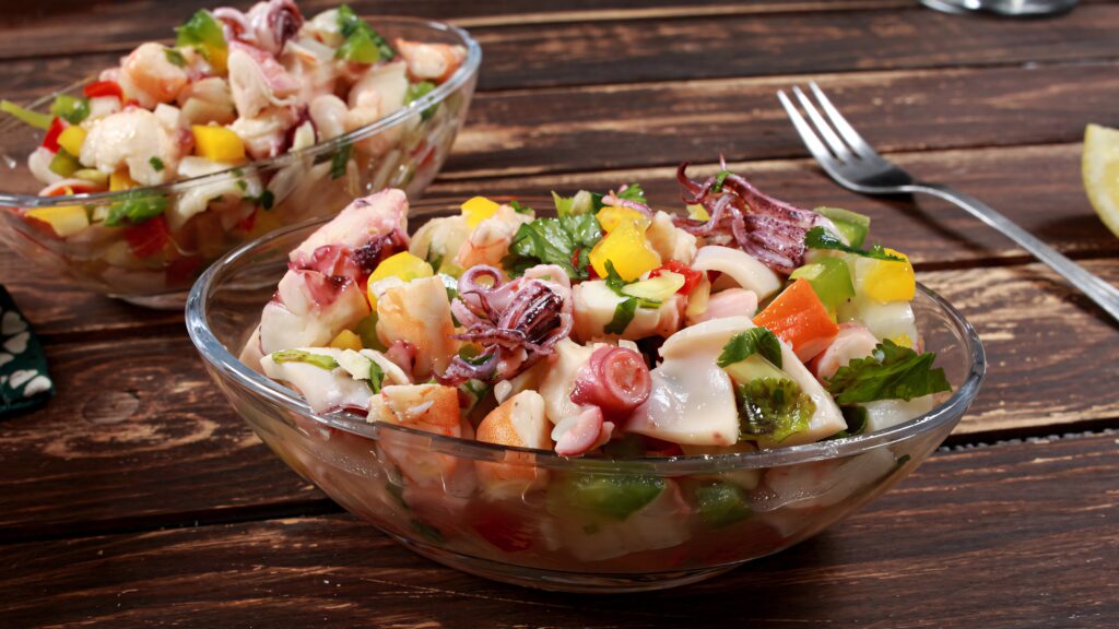 Colorful ceviche in glass bowls on rustic wood table fresh seafood diced vegetables herbs wallpaper