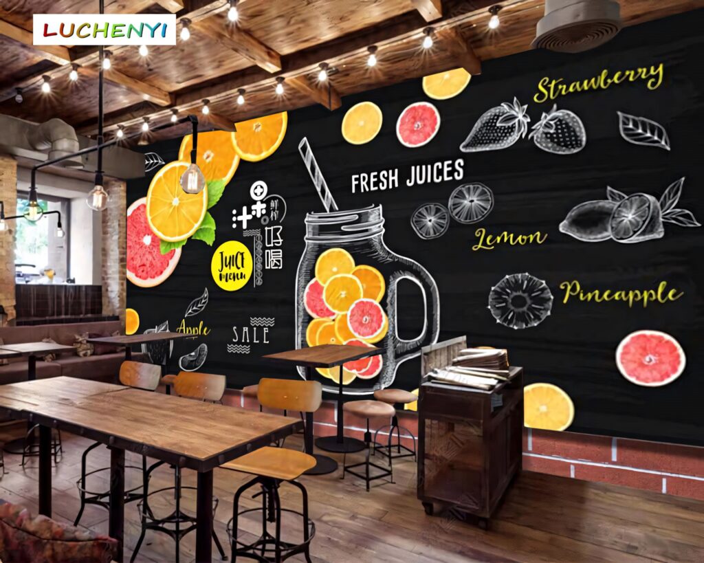 Chalkboard wallpaper with colorful hand-drawn strawberries lemon pineapple orange juice ingredients