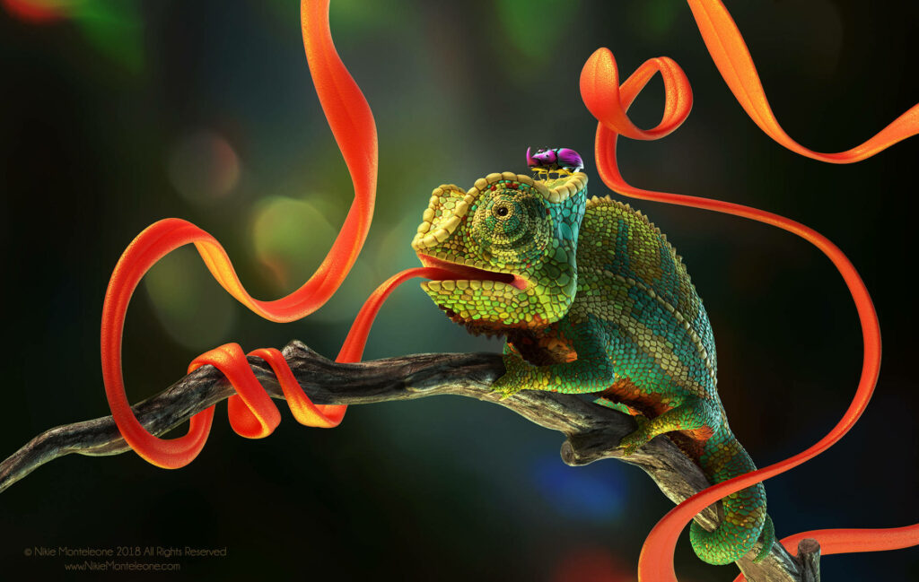 Vibrant Chameleon Wallpaper: Colorful Design with Nature Background