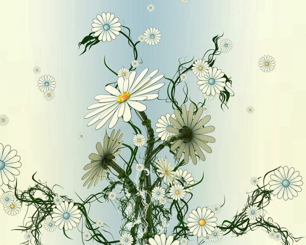 Chamomile Flowers Wallpaper: Elegant Green & Blue Background Art