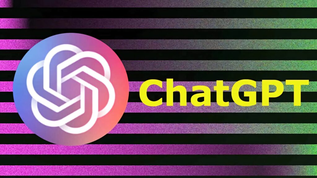 ChatGPT wallpaper with logo left side bright yellow text purple green stripes modern tech design