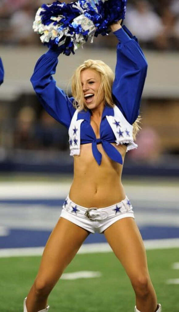Vibrant Cheerleader in Blue & White Outfit - Energetic Wallpaper
