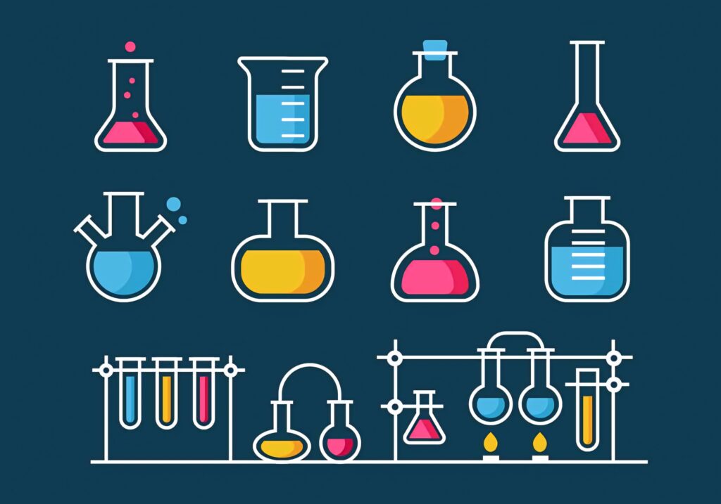 Colorful laboratory glassware with flasks beakers and test tubes on dark blue chemistry wallpaper
