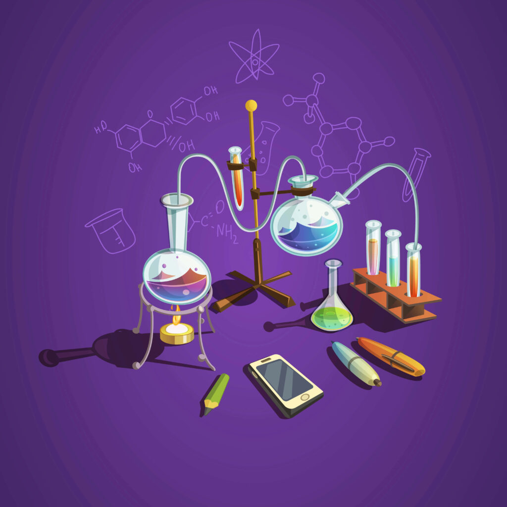 Vibrant chemistry lab wallpaper with colorful flasks test tubes molecular diagrams purple background