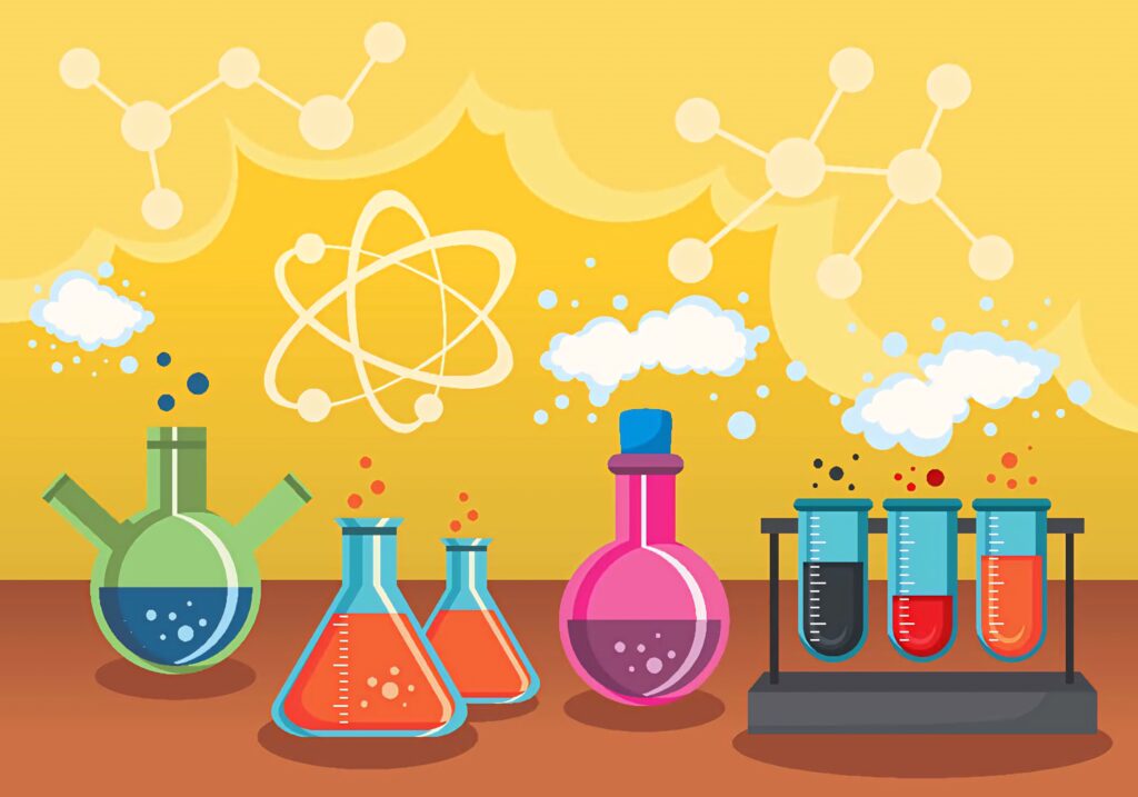 Vibrant chemistry wallpaper with colorful glassware bubbling test tubes and floating molecules
