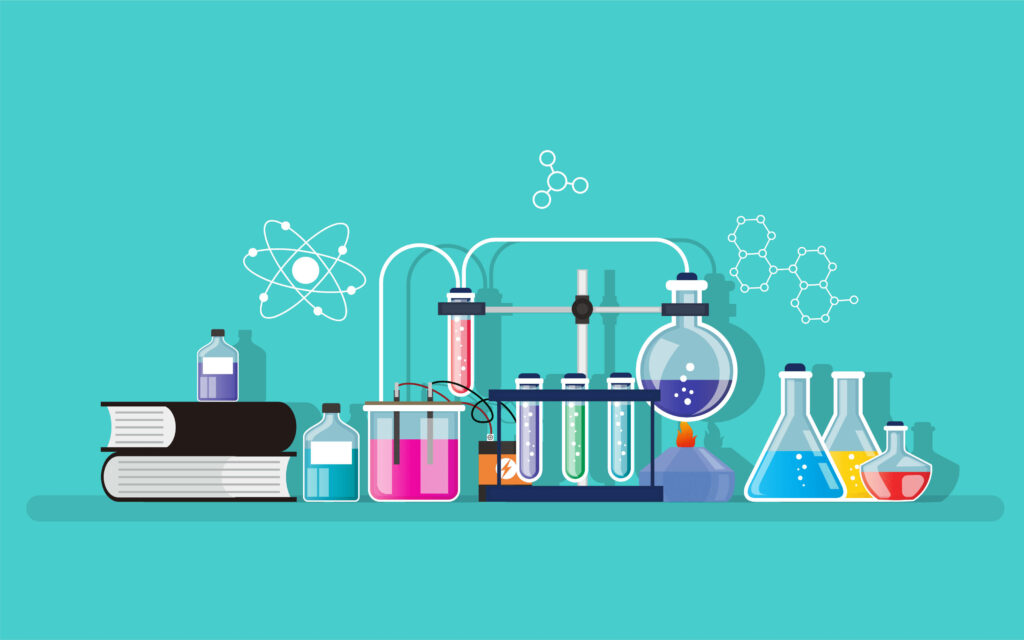 Colorful chemistry glassware with flasks test tubes beakers on bright turquoise educational background Wallpaper