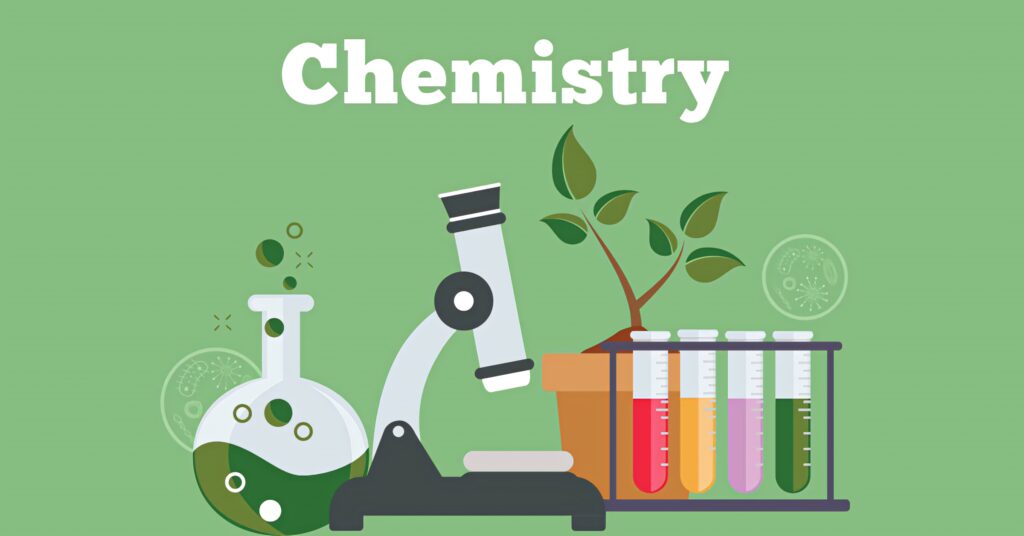 Flat design chemistry wallpaper with microscope test tubes bubbling flask and plant on green background