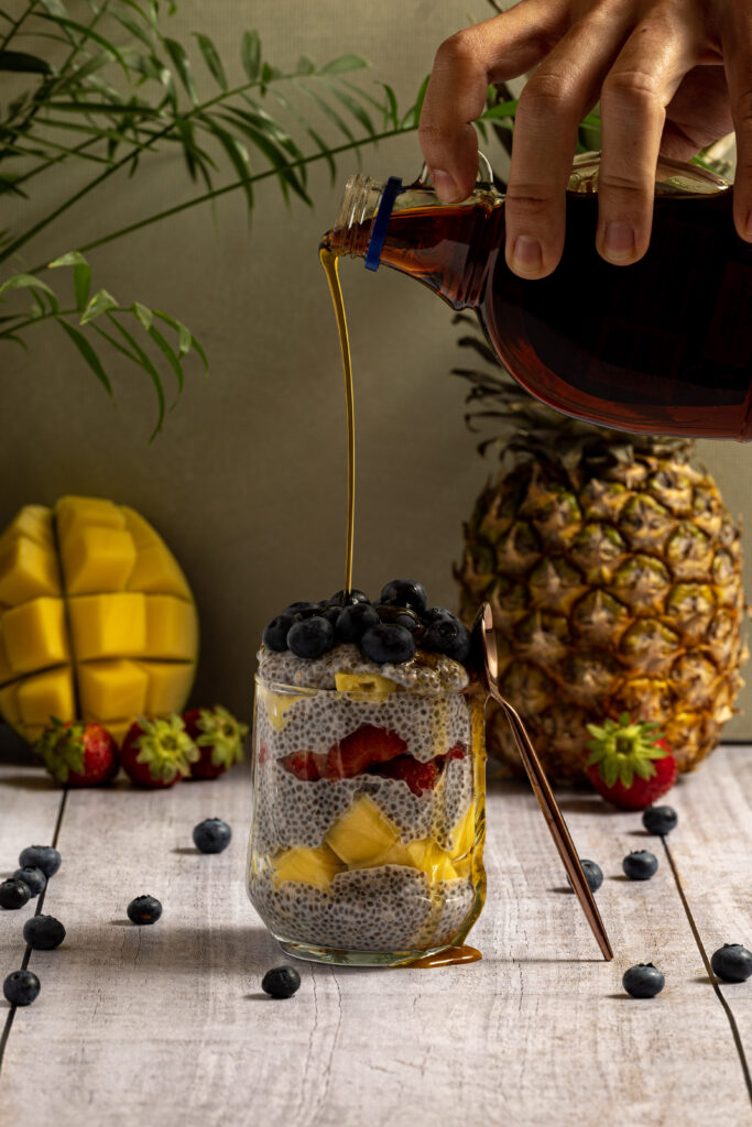 Vibrant Chia Pudding Dessert Wallpaper with Fresh Fruits & Maple Syrup