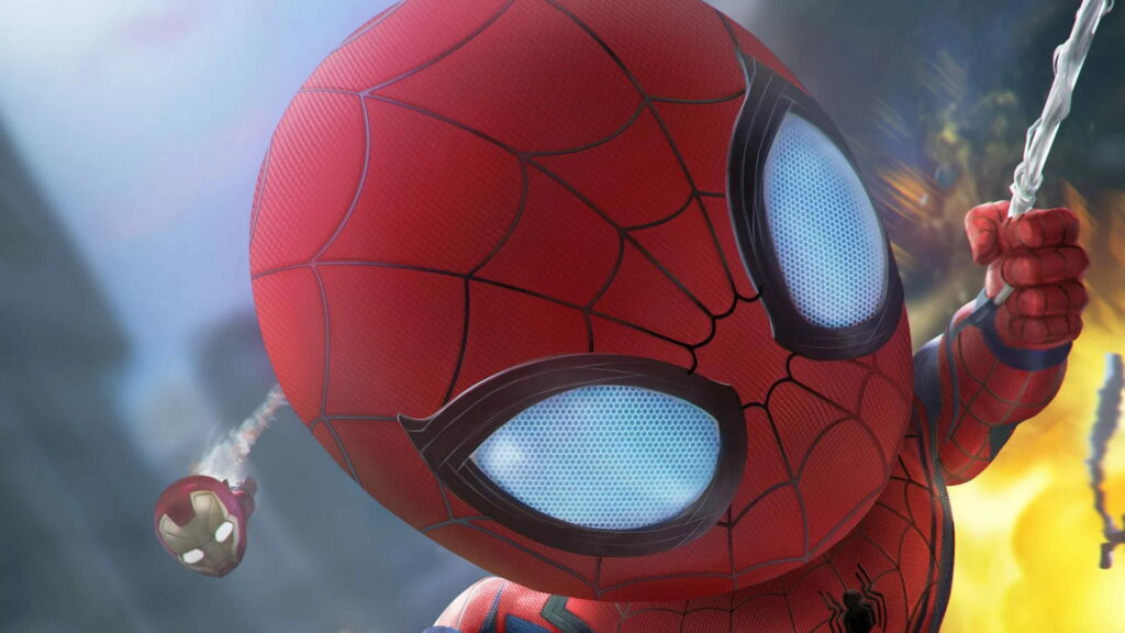 Chibi Spiderman swinging through vibrant cityscape – playful, dynamic HD superhero wallpaper