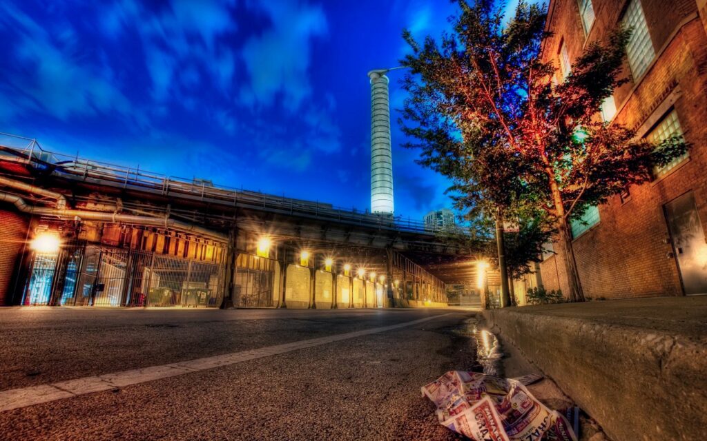 Vibrant Chicago Nighttime Street Scene Wallpaper with HDR Effect
