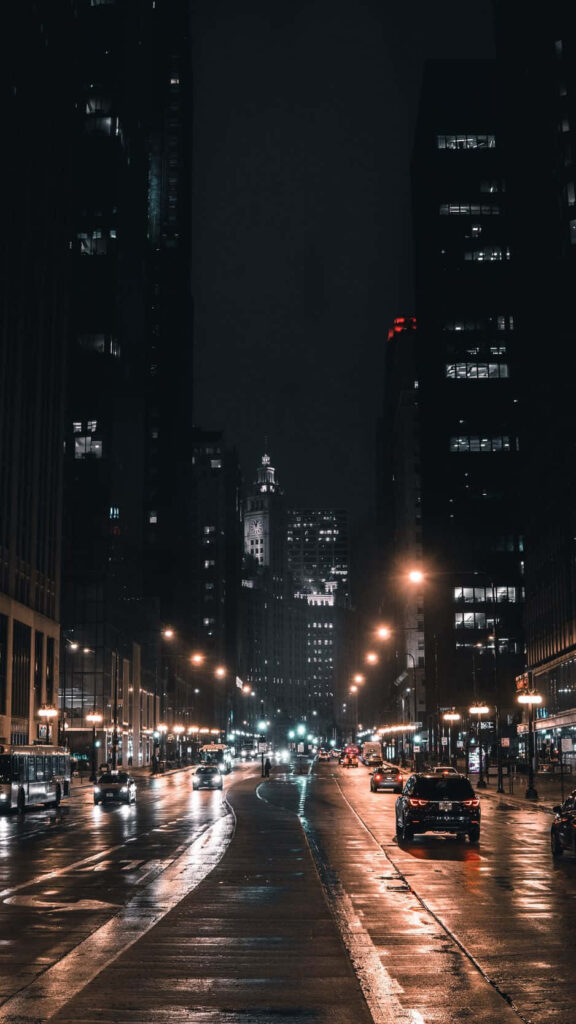 Stunning Chicago Night View: Illuminated Streets & Urban Vibe Wallpaper