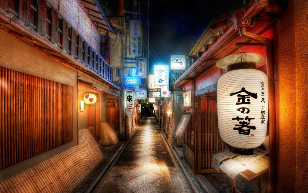 Vibrant Chinatown alley with glowing lanterns neon signs wooden restaurants and warm night lights Wallpaper