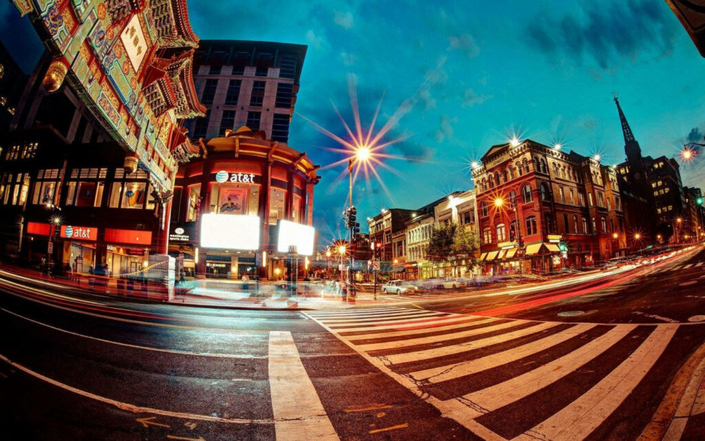 Vibrant Chinatown Evening View: Colorful Architecture & City Lights Wallpaper