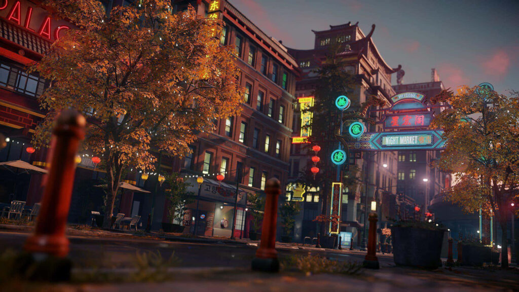 Vibrant Chinatown Night Scene: Neon Lights & Autumn Leaves Wallpaper