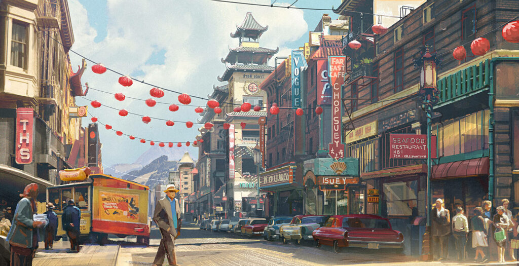 Colorful Chinatown street scene digital art with lanterns neon signs vintage cars blue sky Wallpaper