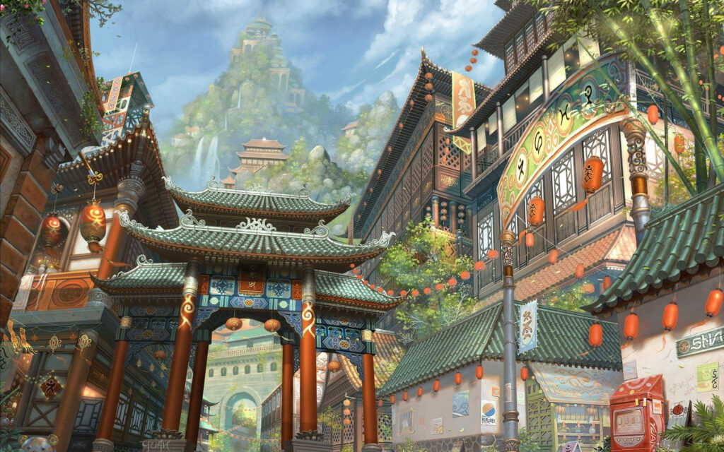 Vibrant Chinatown street with ancient houses pagodas lanterns lush greenery and mountain backdrop wallpaper