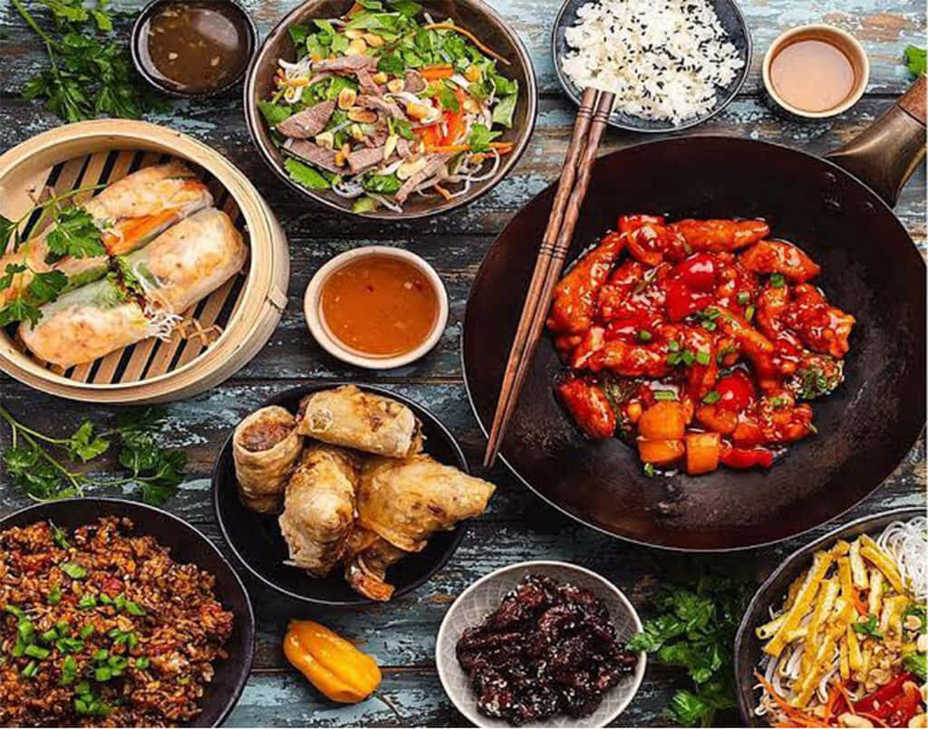 Vibrant Chinese Cuisine Wallpaper: Spring Rolls, Fried Rice & More