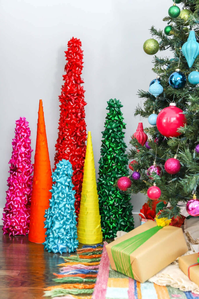 Vibrant Christmas Wallpaper: Colorful Cone Decorations & Tree Background