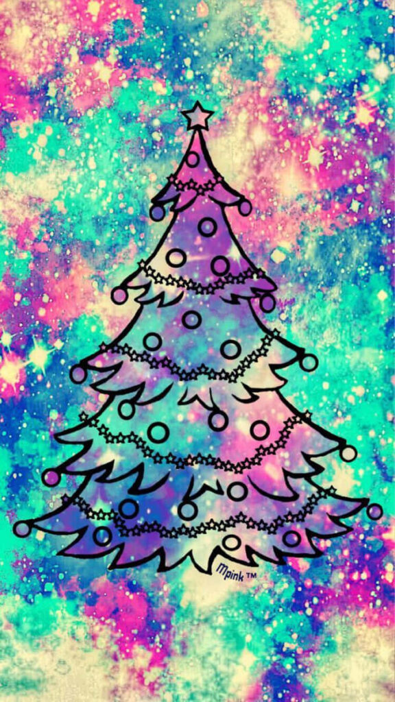 Vibrant Christmas Tree Wallpaper with Galaxy Colors: Festive Background