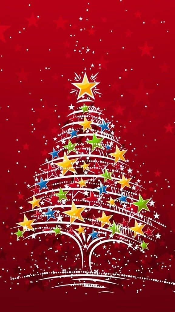Vibrant Christmas Tree Wallpaper: Colorful Star Design on Red Background