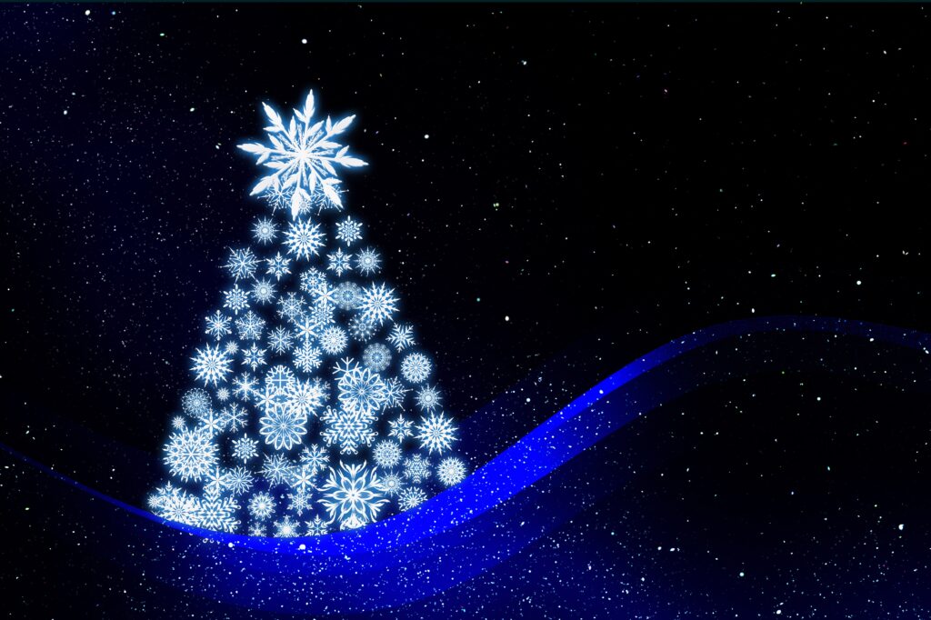 Vibrant Christmas Tree Wallpaper with Snowflakes & Starry Sky