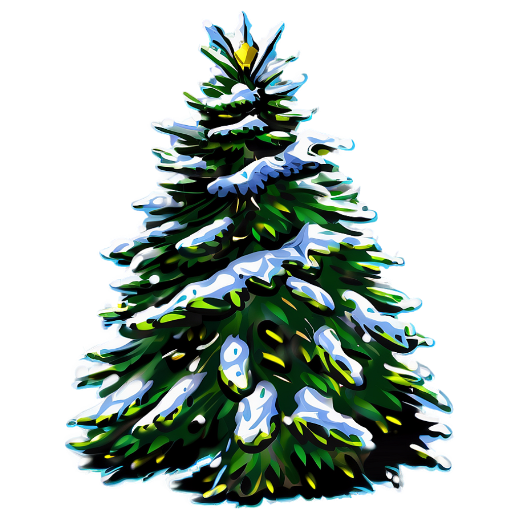 Vibrant Christmas Tree Illustration with Snow & Blue Aura Background Wallpaper