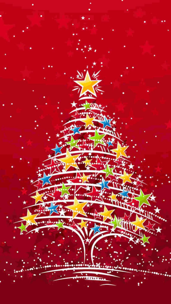 Vibrant Christmas Tree Wallpaper with Colorful Stars on Red Background