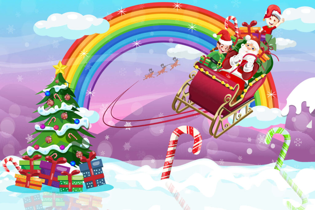 Vibrant Christmas Wallpaper: Santa's Sleigh Ride Under a Rainbow